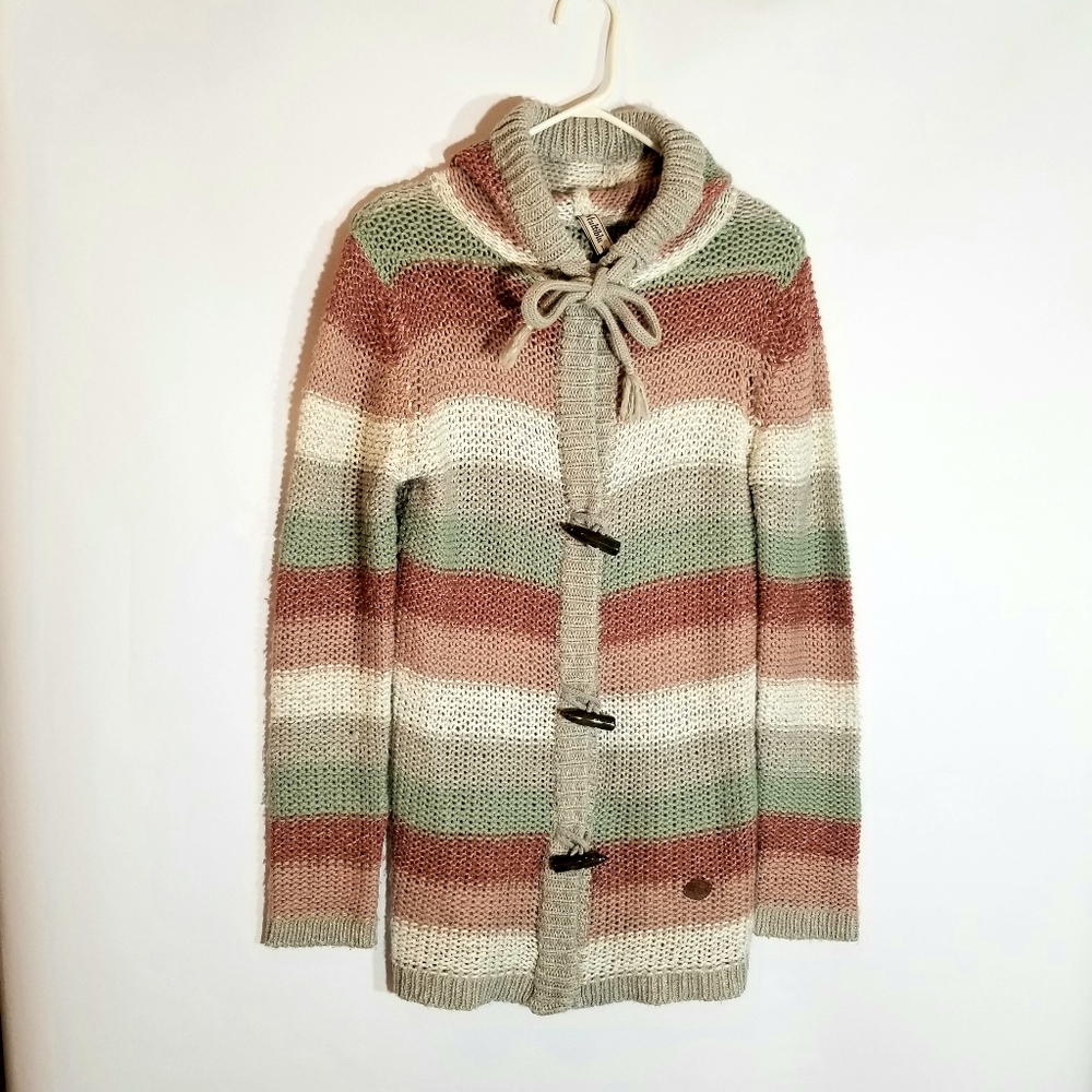 Multiblu Hoodie Cardigan Women's Large Measure Small To Medium Mauve Sage Stripe